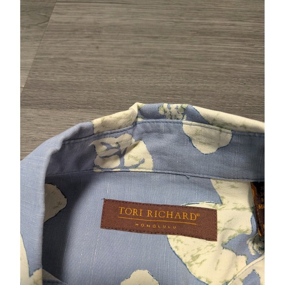 Tori Richard Honolulu Men's Blue White Floral Silk Linen Hawaiian Shirt Size L - Picture 2 of 6